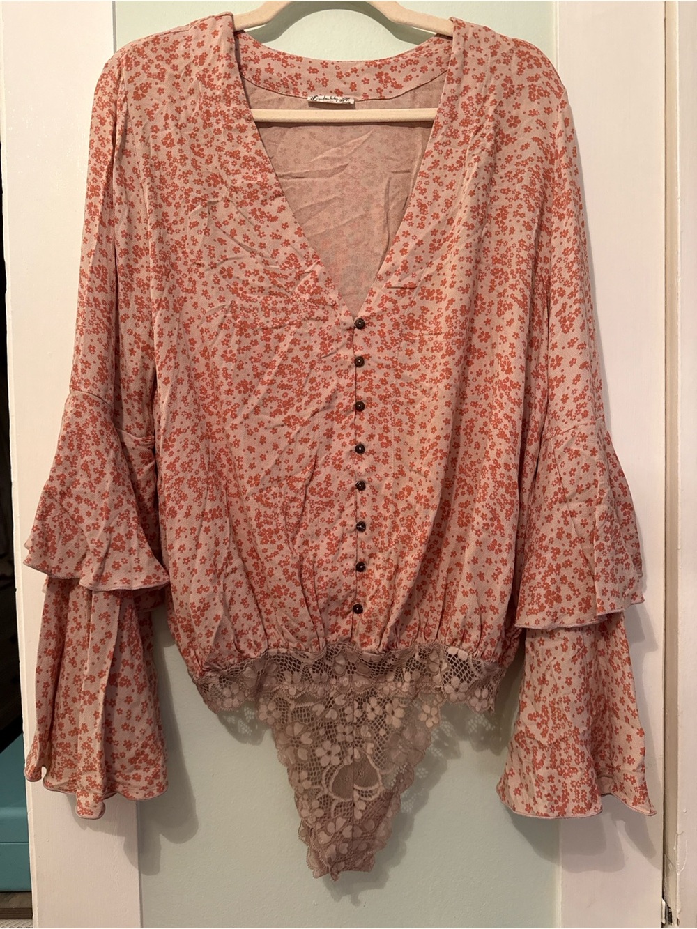 Free People Pink Floral Lace-Trim Bodysuit